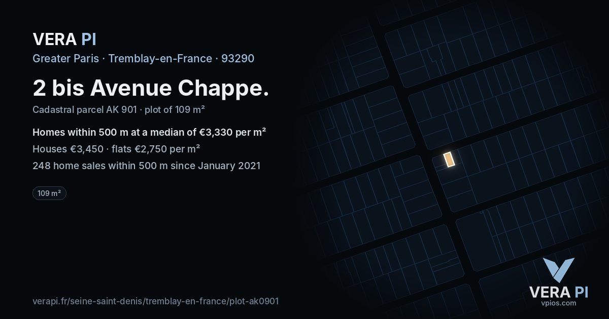 2 bis Avenue Chappe, Tremblay-en-France at night – the plot lit, the parcels around coloured by the prices near them