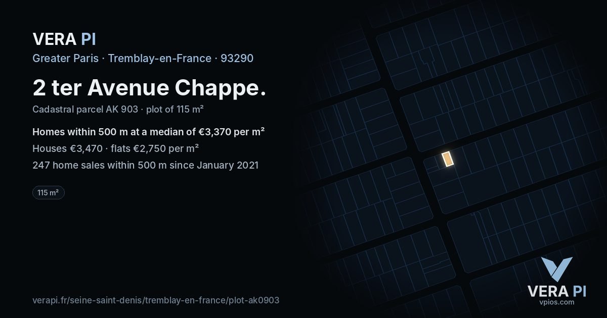2 ter Avenue Chappe, Tremblay-en-France at night – the plot lit, the parcels around coloured by the prices near them
