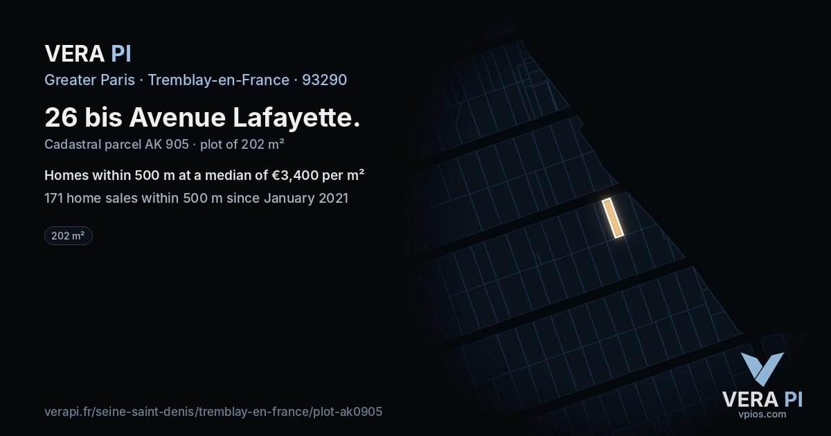 26 bis Avenue Lafayette, Tremblay-en-France at night – the plot lit, the parcels around coloured by the prices near them