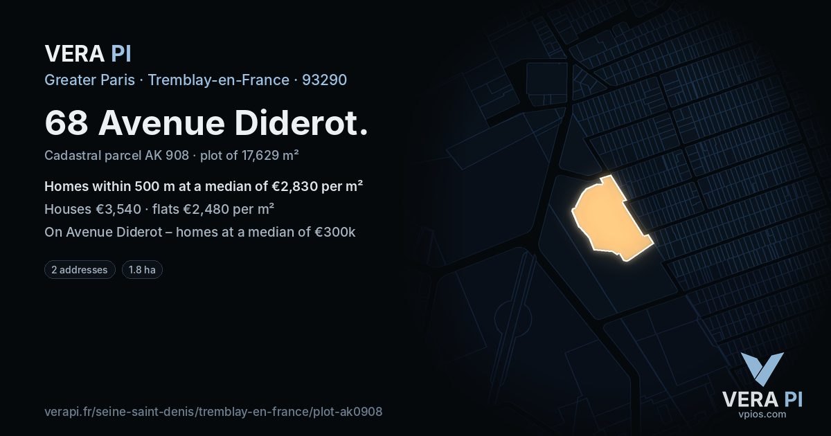 68 Avenue Diderot, Tremblay-en-France at night – the plot lit, the parcels around coloured by the prices near them