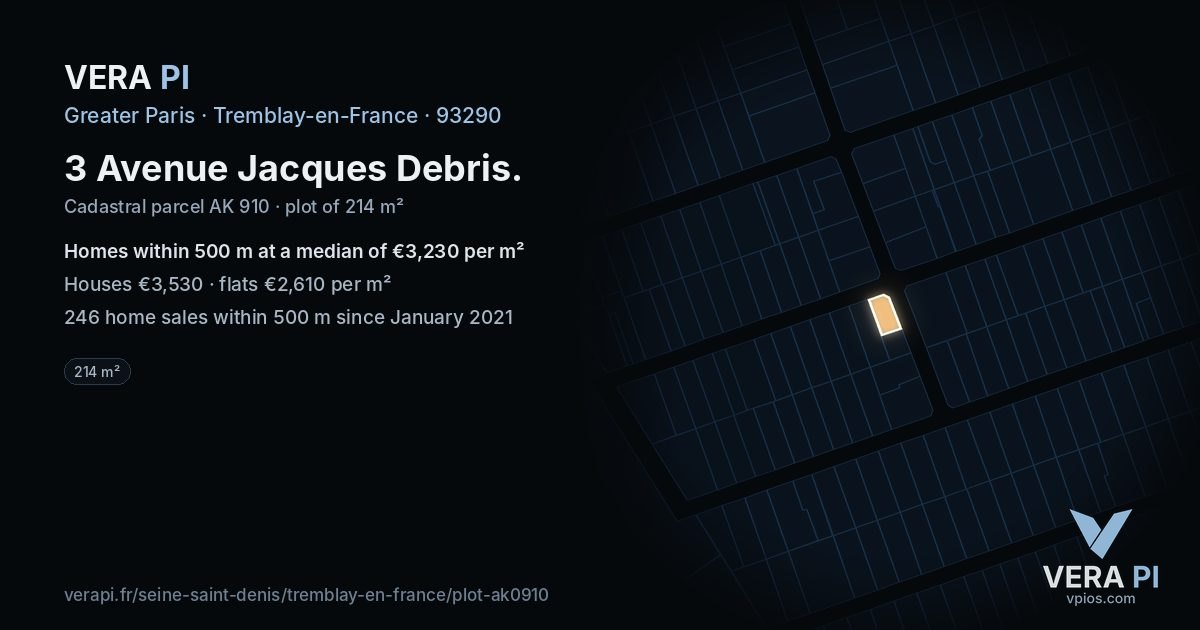 3 Avenue Jacques Debris, Tremblay-en-France at night – the plot lit, the parcels around coloured by the prices near them