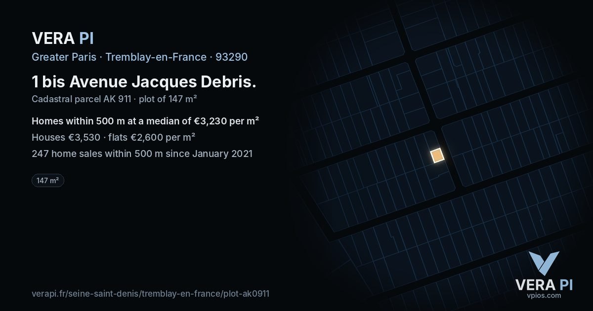 1 bis Avenue Jacques Debris, Tremblay-en-France at night – the plot lit, the parcels around coloured by the prices near them