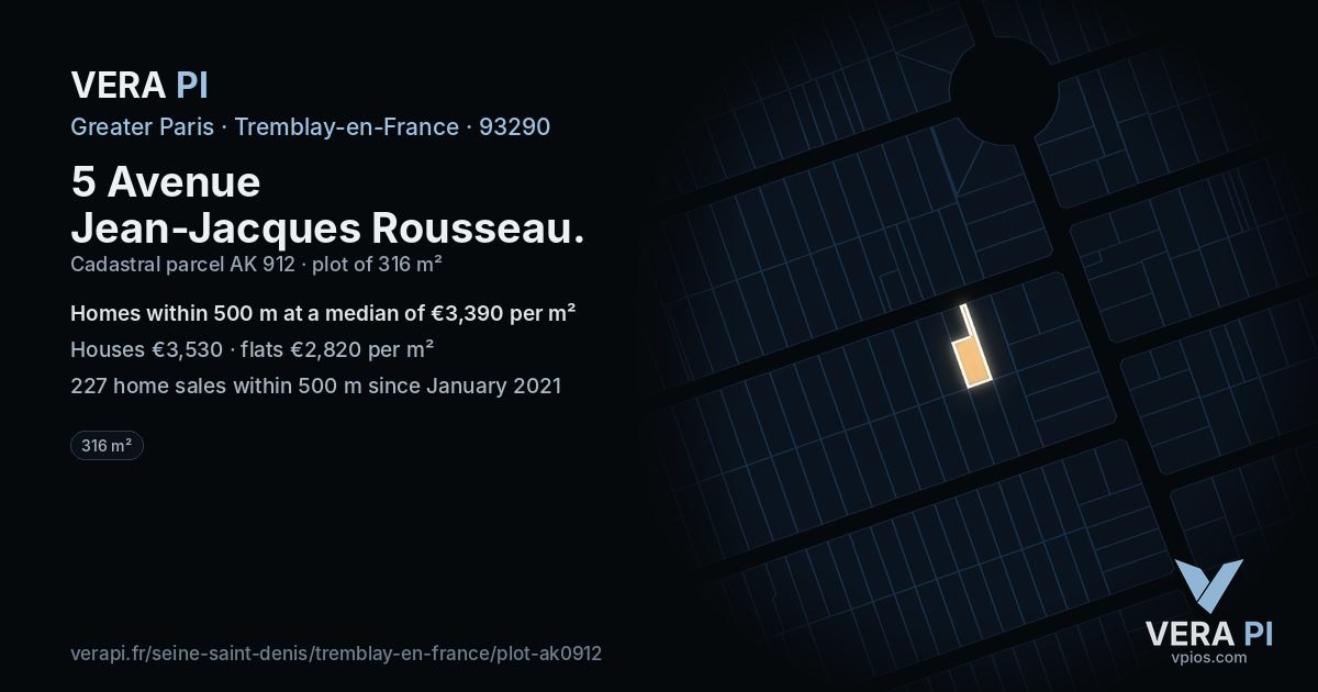 5 Avenue Jean-Jacques Rousseau, Tremblay-en-France at night – the plot lit, the parcels around coloured by the prices near them