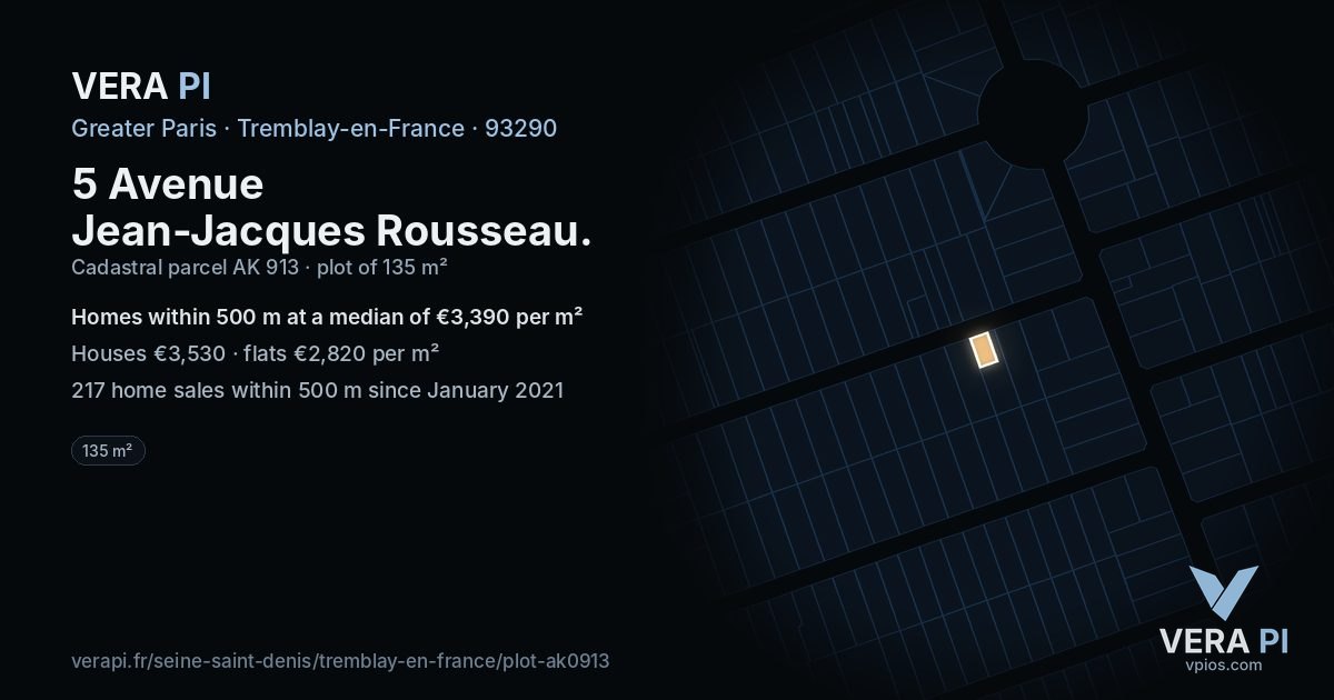 5 Avenue Jean-Jacques Rousseau, Tremblay-en-France at night – the plot lit, the parcels around coloured by the prices near them