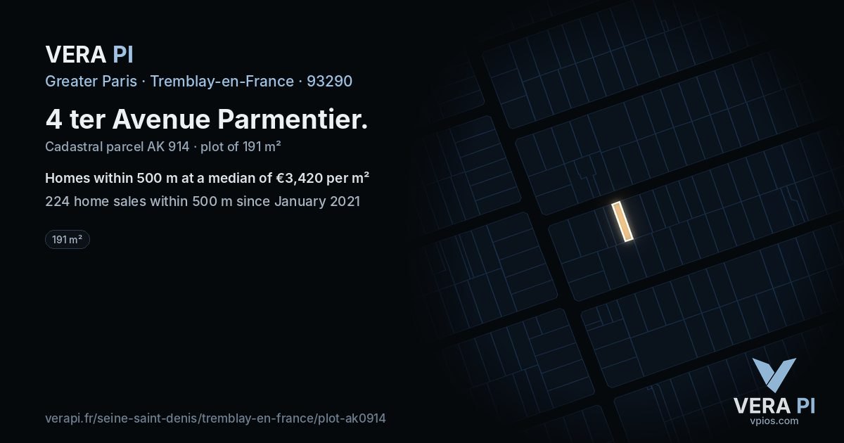 4 ter Avenue Parmentier, Tremblay-en-France at night – the plot lit, the parcels around coloured by the prices near them