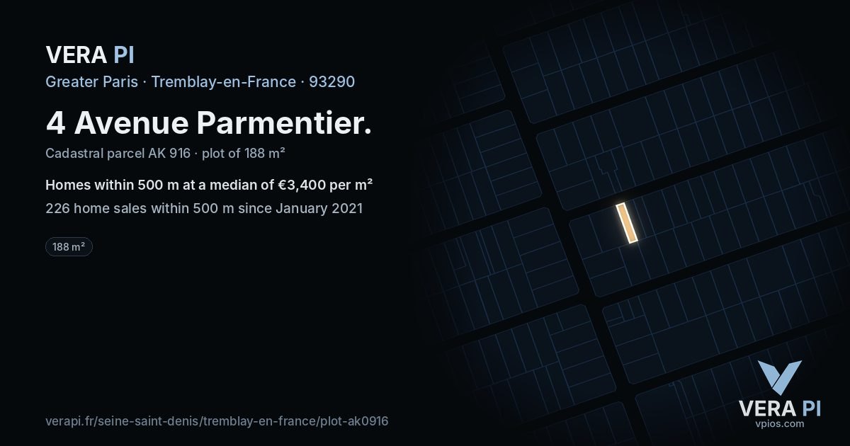 4 Avenue Parmentier, Tremblay-en-France at night – the plot lit, the parcels around coloured by the prices near them