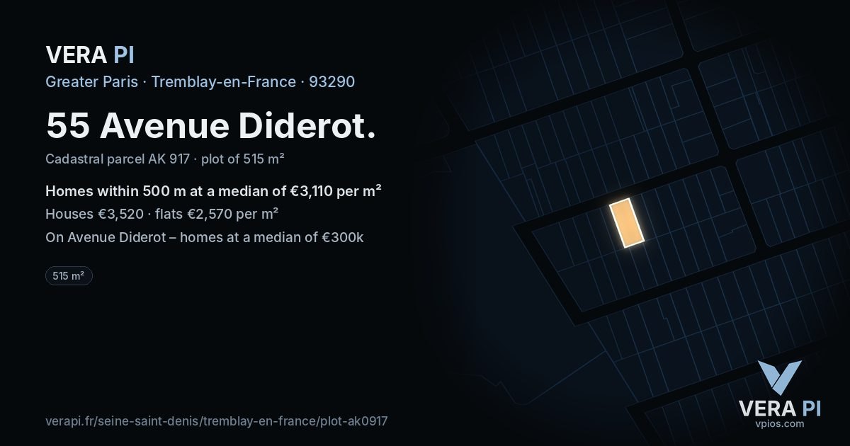 55 Avenue Diderot, Tremblay-en-France at night – the plot lit, the parcels around coloured by the prices near them