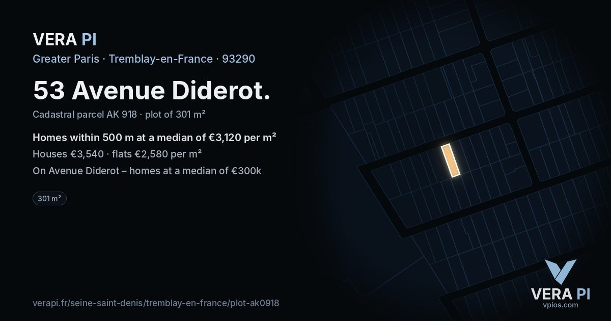 53 Avenue Diderot, Tremblay-en-France at night – the plot lit, the parcels around coloured by the prices near them