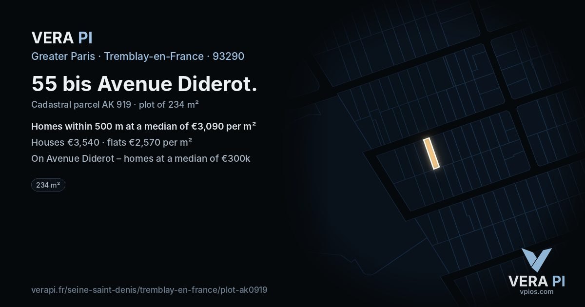 55 bis Avenue Diderot, Tremblay-en-France at night – the plot lit, the parcels around coloured by the prices near them
