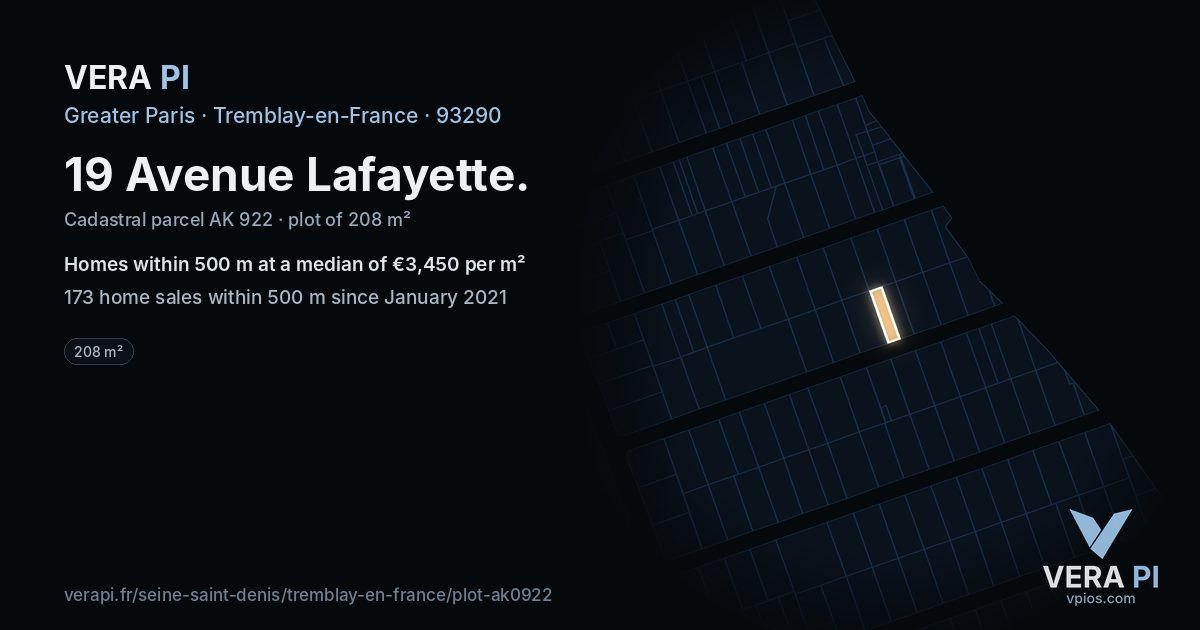 19 Avenue Lafayette, Tremblay-en-France at night – the plot lit, the parcels around coloured by the prices near them
