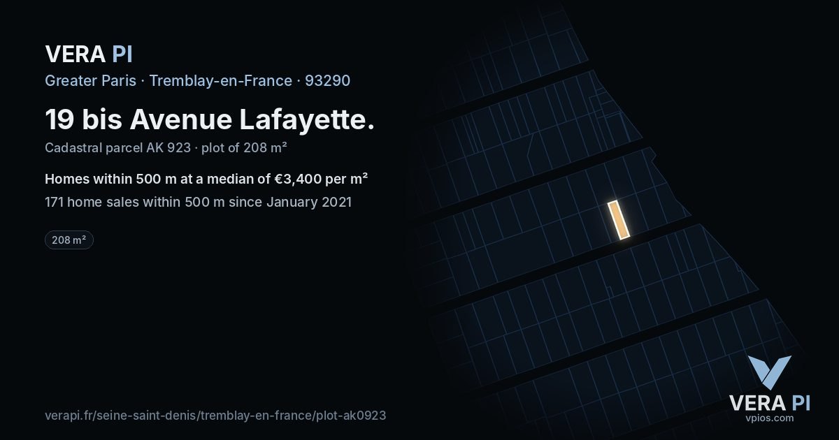 19 bis Avenue Lafayette, Tremblay-en-France at night – the plot lit, the parcels around coloured by the prices near them