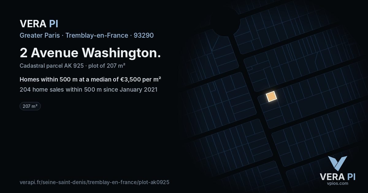 2 Avenue Washington, Tremblay-en-France at night – the plot lit, the parcels around coloured by the prices near them