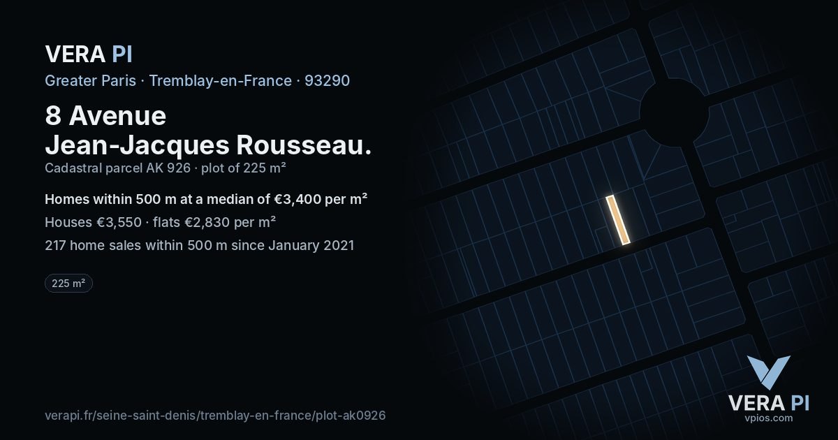 8 Avenue Jean-Jacques Rousseau, Tremblay-en-France at night – the plot lit, the parcels around coloured by the prices near them