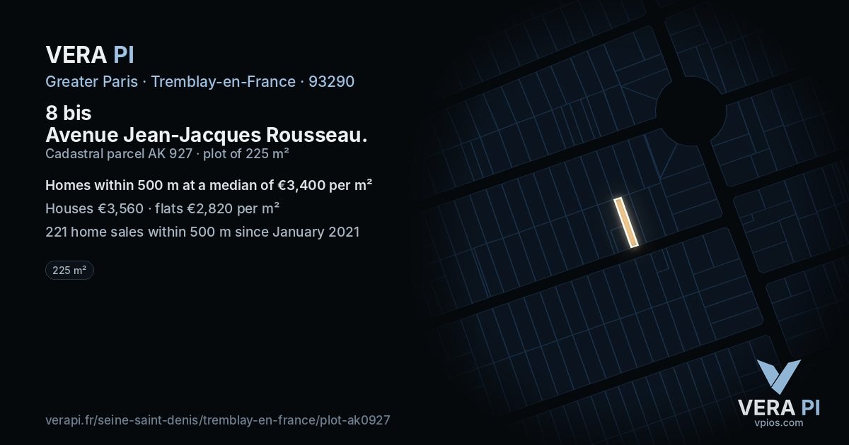8 bis Avenue Jean-Jacques Rousseau, Tremblay-en-France at night – the plot lit, the parcels around coloured by the prices near them