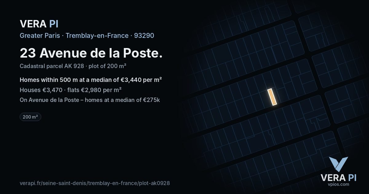 23 Avenue de la Poste, Tremblay-en-France at night – the plot lit, the parcels around coloured by the prices near them