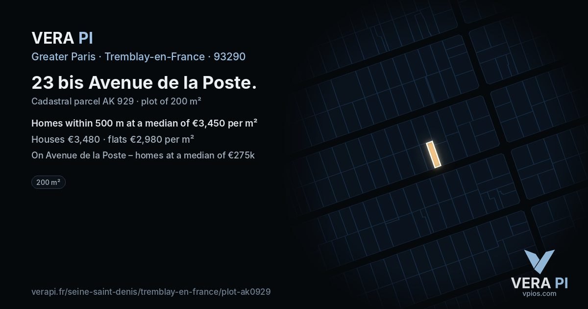 23 bis Avenue de la Poste, Tremblay-en-France at night – the plot lit, the parcels around coloured by the prices near them