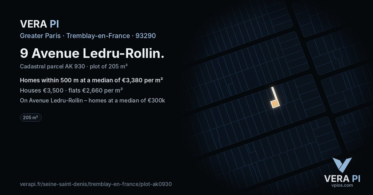 9 Avenue Ledru-Rollin, Tremblay-en-France at night – the plot lit, the parcels around coloured by the prices near them