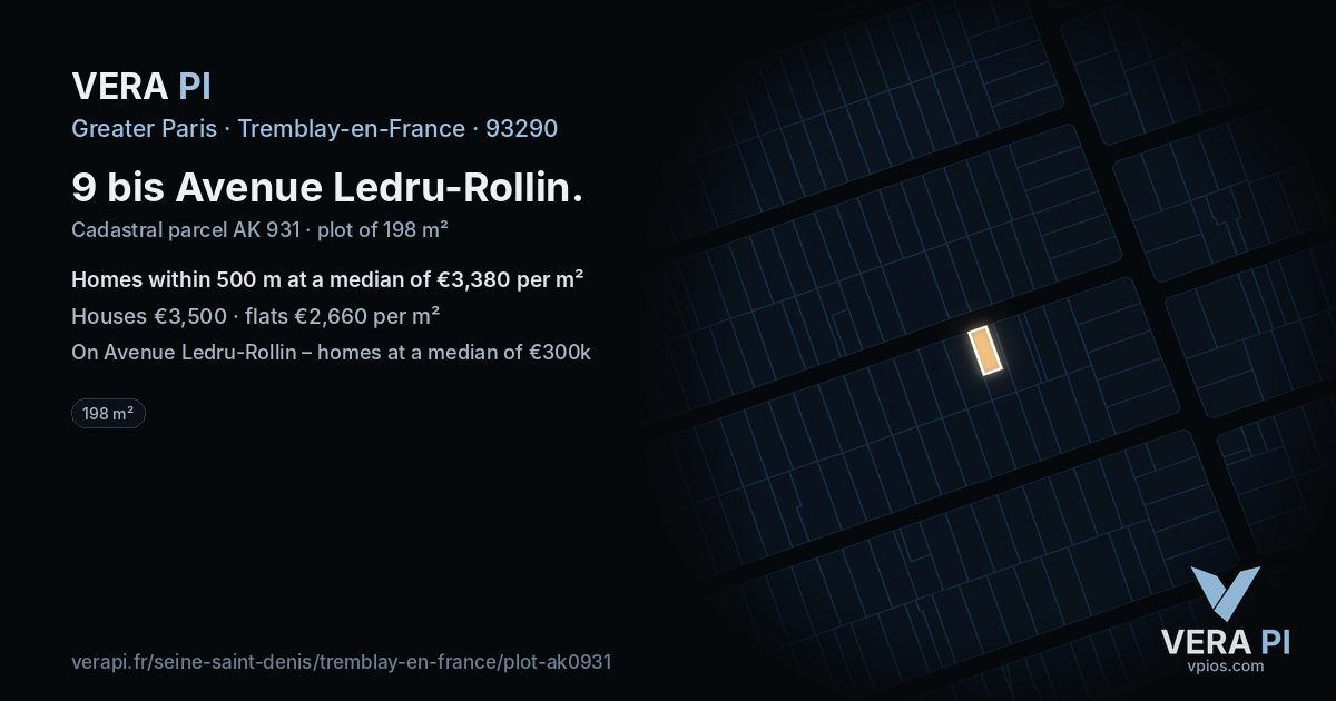 9 bis Avenue Ledru-Rollin, Tremblay-en-France at night – the plot lit, the parcels around coloured by the prices near them