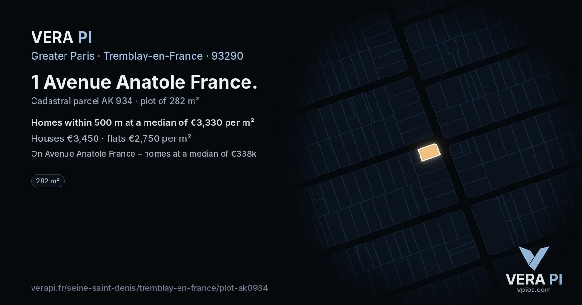1 Avenue Anatole France, Tremblay-en-France at night – the plot lit, the parcels around coloured by the prices near them
