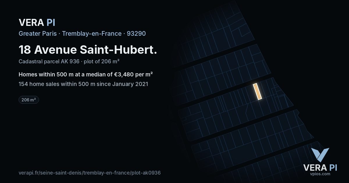 18 Avenue Saint-Hubert, Tremblay-en-France at night – the plot lit, the parcels around coloured by the prices near them
