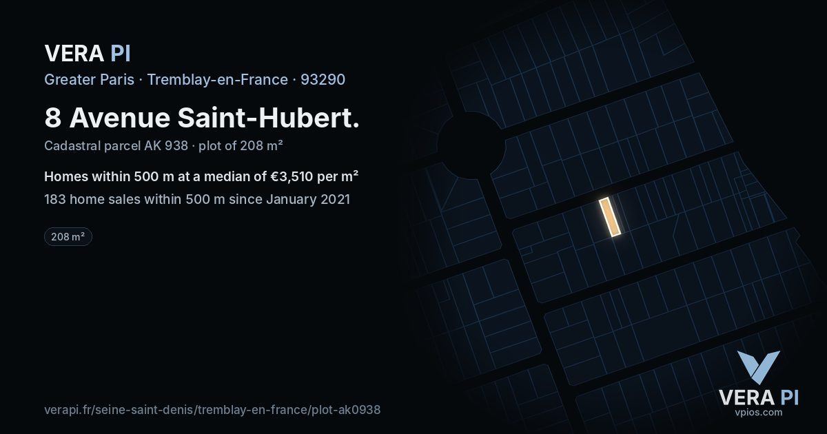 8 Avenue Saint-Hubert, Tremblay-en-France at night – the plot lit, the parcels around coloured by the prices near them