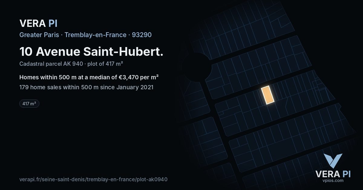10 Avenue Saint-Hubert, Tremblay-en-France at night – the plot lit, the parcels around coloured by the prices near them