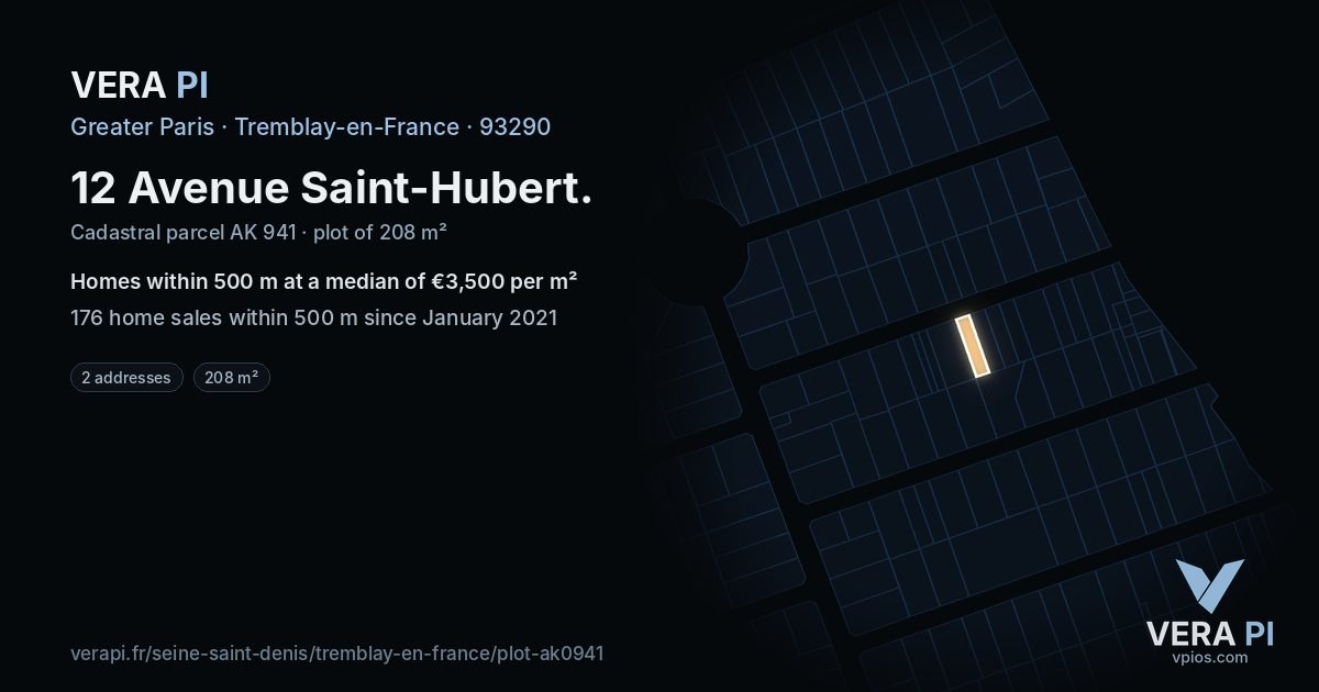 12 Avenue Saint-Hubert, Tremblay-en-France at night – the plot lit, the parcels around coloured by the prices near them