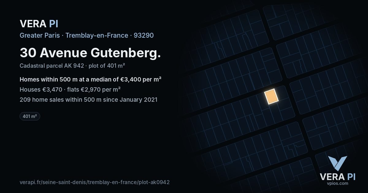 30 Avenue Gutenberg, Tremblay-en-France at night – the plot lit, the parcels around coloured by the prices near them