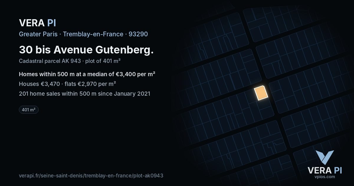30 bis Avenue Gutenberg, Tremblay-en-France at night – the plot lit, the parcels around coloured by the prices near them