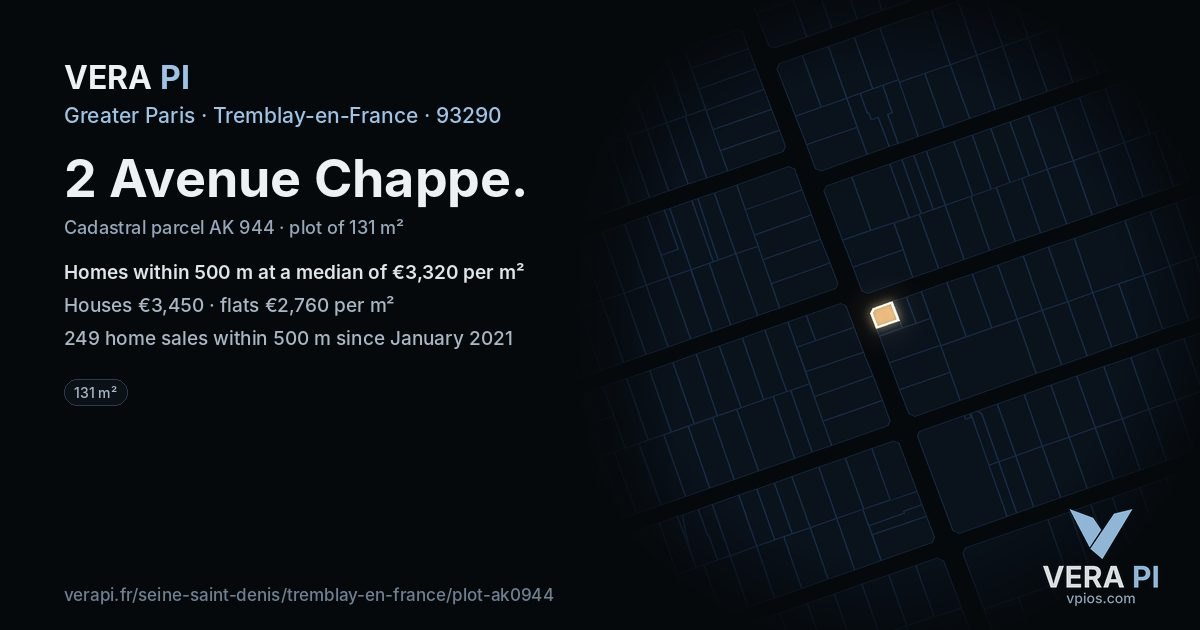 2 Avenue Chappe, Tremblay-en-France at night – the plot lit, the parcels around coloured by the prices near them