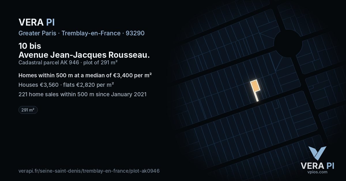 10 bis Avenue Jean-Jacques Rousseau, Tremblay-en-France at night – the plot lit, the parcels around coloured by the prices near them