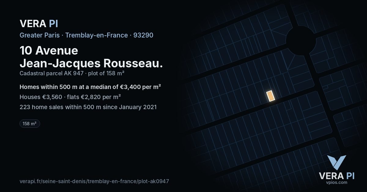 10 Avenue Jean-Jacques Rousseau, Tremblay-en-France at night – the plot lit, the parcels around coloured by the prices near them