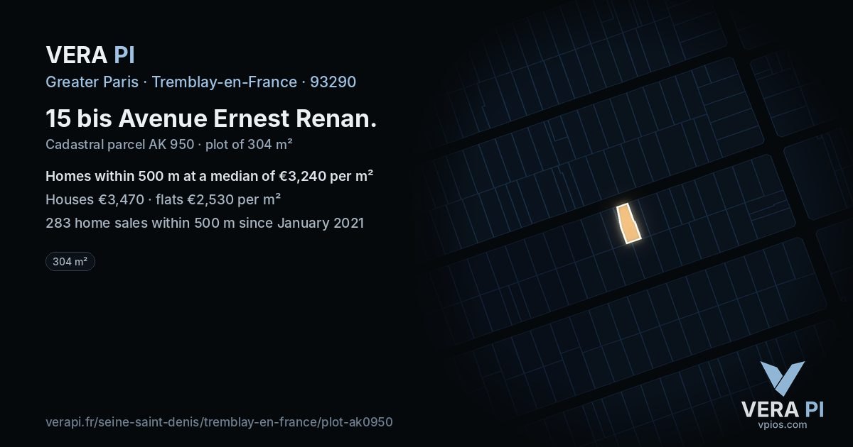 15 bis Avenue Ernest Renan, Tremblay-en-France at night – the plot lit, the parcels around coloured by the prices near them