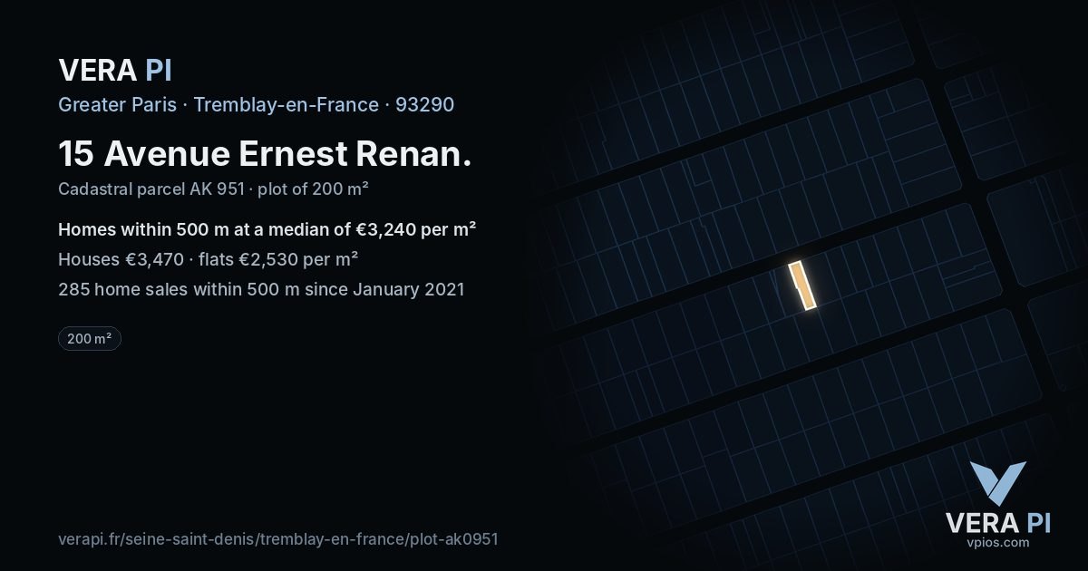 15 Avenue Ernest Renan, Tremblay-en-France at night – the plot lit, the parcels around coloured by the prices near them