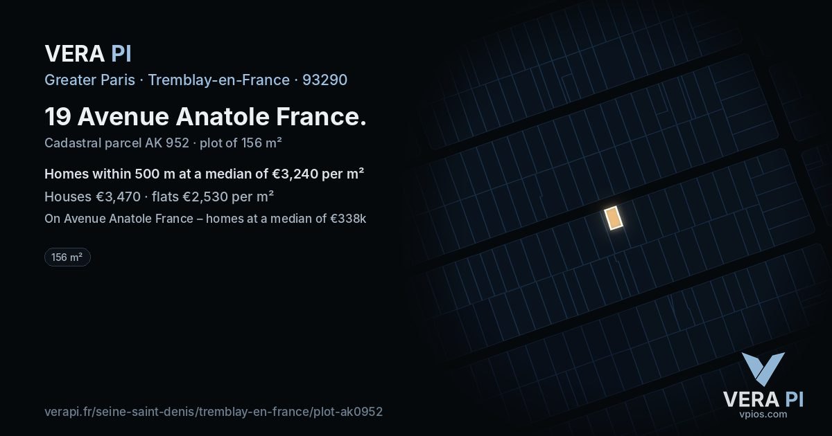 19 Avenue Anatole France, Tremblay-en-France at night – the plot lit, the parcels around coloured by the prices near them