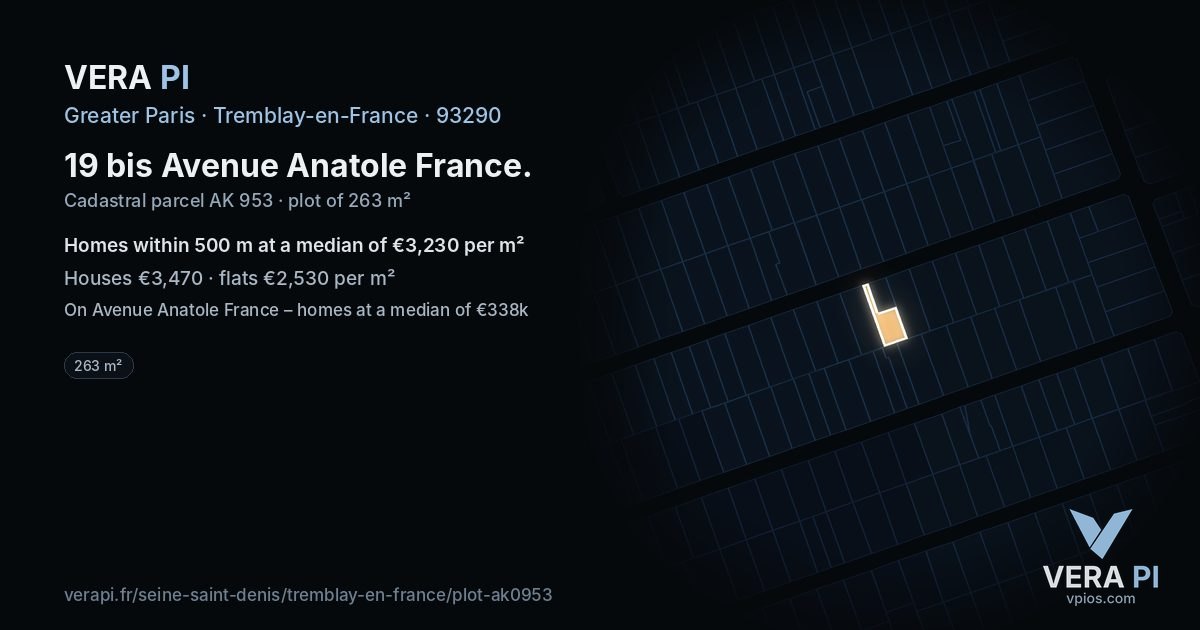 19 bis Avenue Anatole France, Tremblay-en-France at night – the plot lit, the parcels around coloured by the prices near them