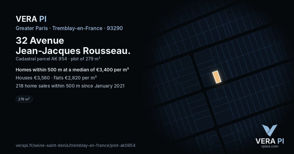 32 Avenue Jean-Jacques Rousseau, Tremblay-en-France at night – the plot lit, the parcels around coloured by the prices near them