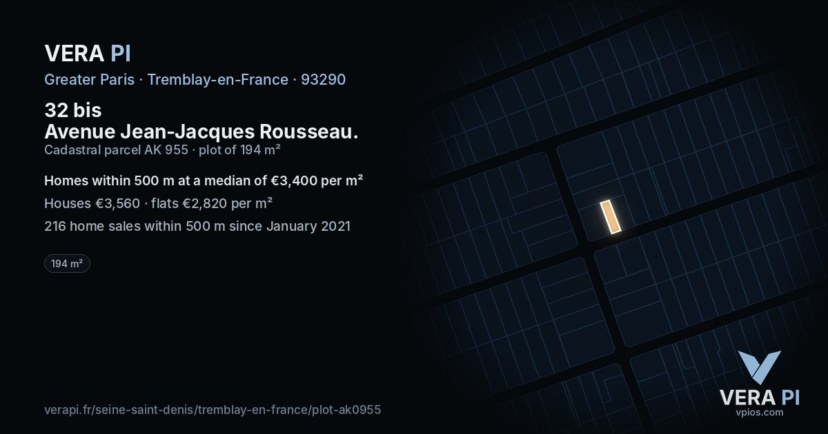 32 bis Avenue Jean-Jacques Rousseau, Tremblay-en-France at night – the plot lit, the parcels around coloured by the prices near them