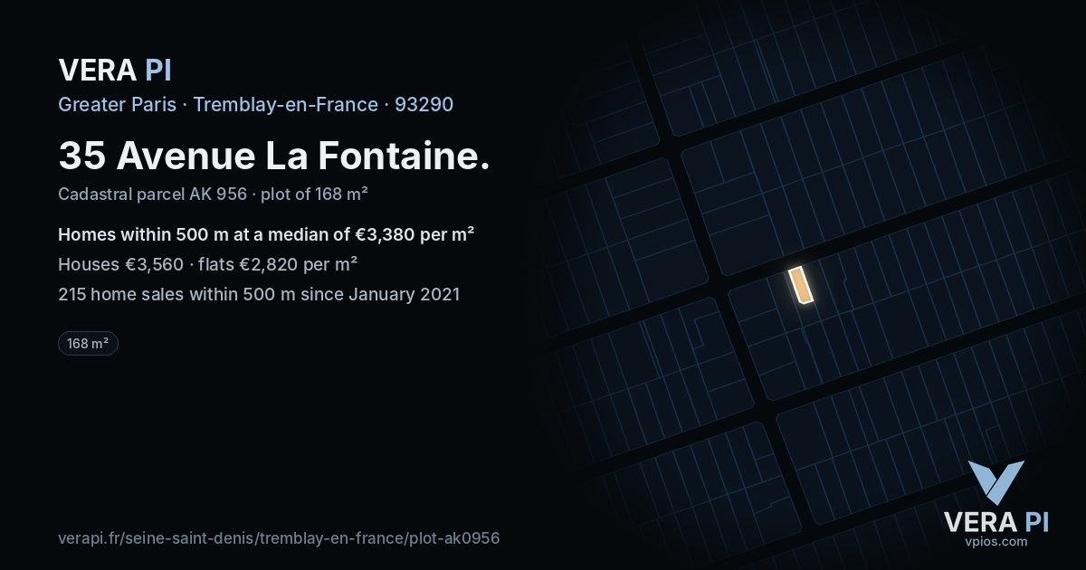 35 Avenue La Fontaine, Tremblay-en-France at night – the plot lit, the parcels around coloured by the prices near them