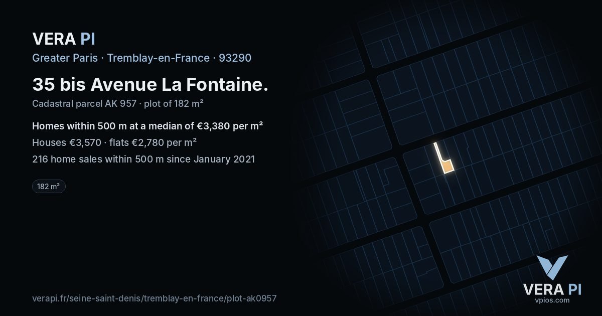 35 bis Avenue La Fontaine, Tremblay-en-France at night – the plot lit, the parcels around coloured by the prices near them