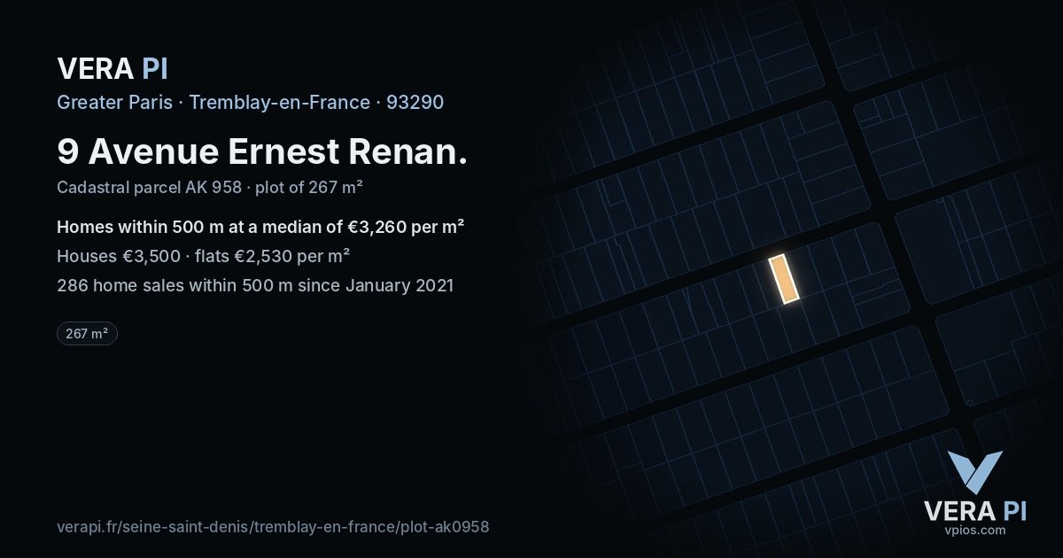 9 Avenue Ernest Renan, Tremblay-en-France at night – the plot lit, the parcels around coloured by the prices near them