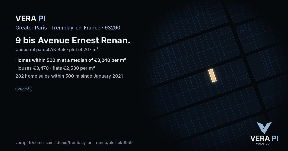 9 bis Avenue Ernest Renan, Tremblay-en-France at night – the plot lit, the parcels around coloured by the prices near them