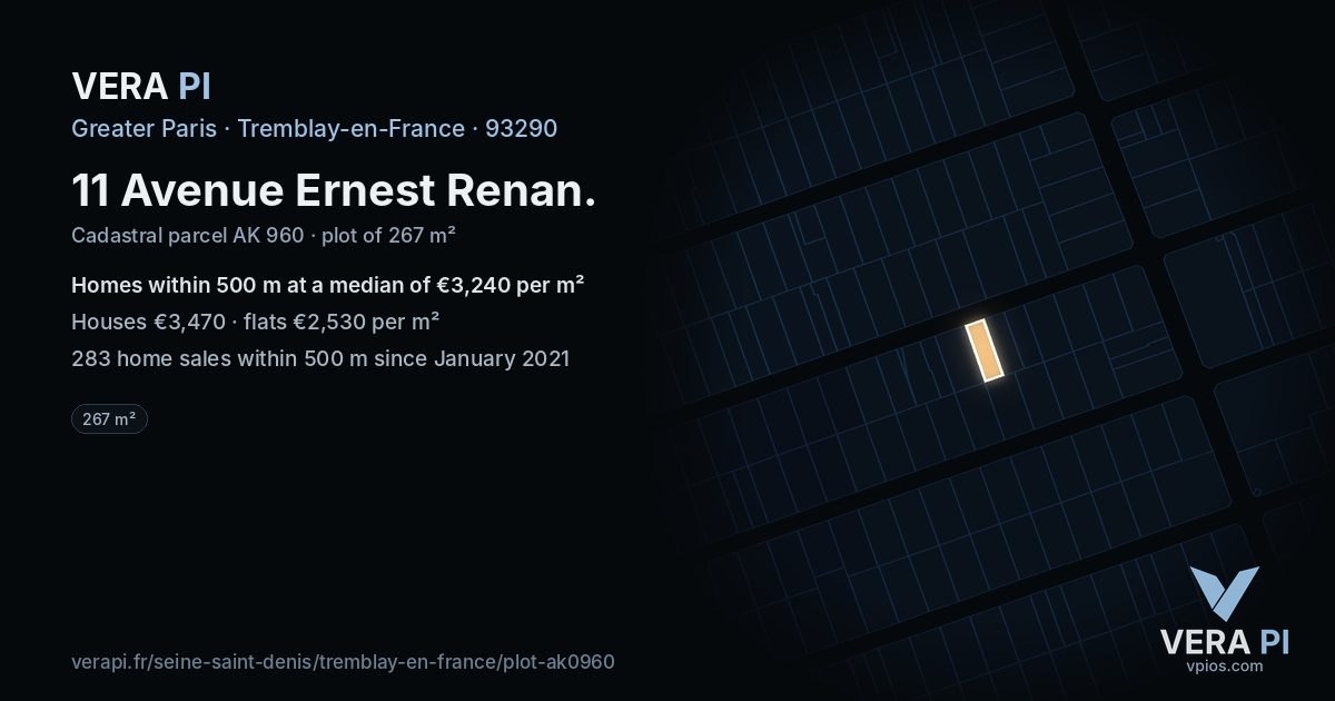 11 Avenue Ernest Renan, Tremblay-en-France at night – the plot lit, the parcels around coloured by the prices near them
