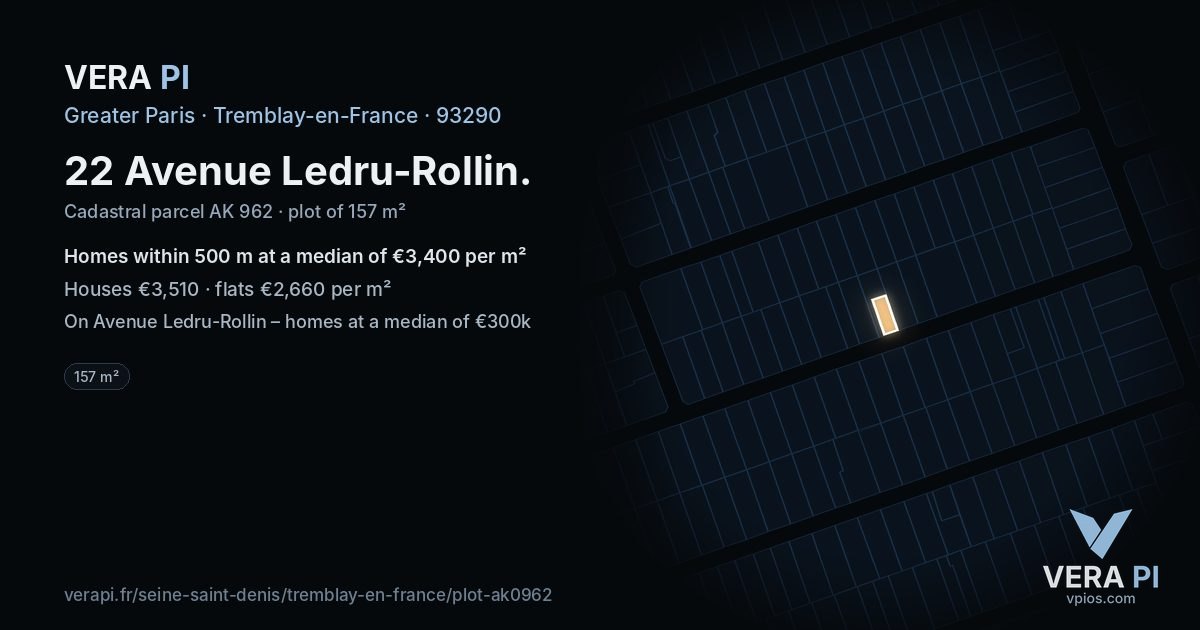 22 Avenue Ledru-Rollin, Tremblay-en-France at night – the plot lit, the parcels around coloured by the prices near them