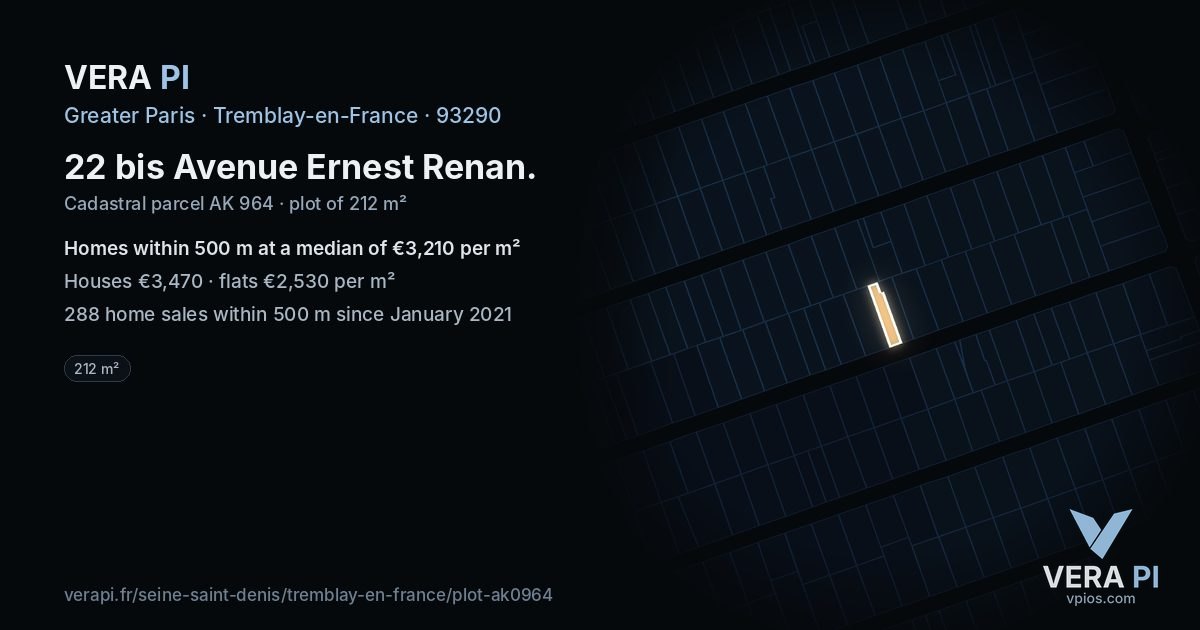 22 bis Avenue Ernest Renan, Tremblay-en-France at night – the plot lit, the parcels around coloured by the prices near them