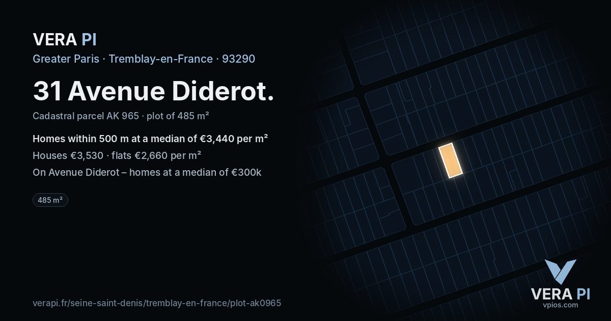 31 Avenue Diderot, Tremblay-en-France at night – the plot lit, the parcels around coloured by the prices near them