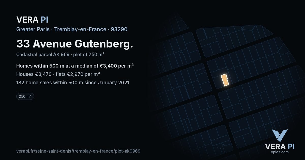 33 Avenue Gutenberg, Tremblay-en-France at night – the plot lit, the parcels around coloured by the prices near them