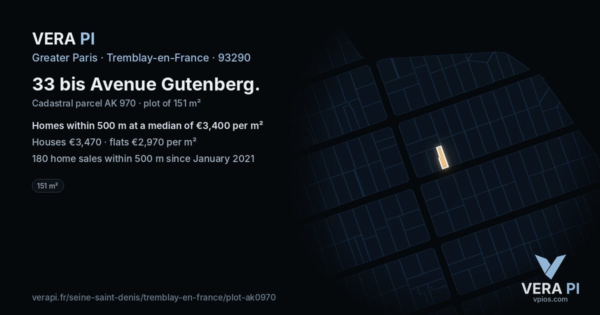 33 bis Avenue Gutenberg, Tremblay-en-France at night – the plot lit, the parcels around coloured by the prices near them