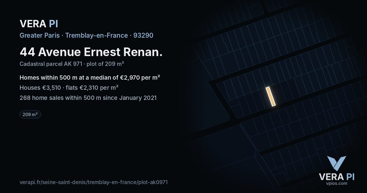 44 Avenue Ernest Renan, Tremblay-en-France at night – the plot lit, the parcels around coloured by the prices near them