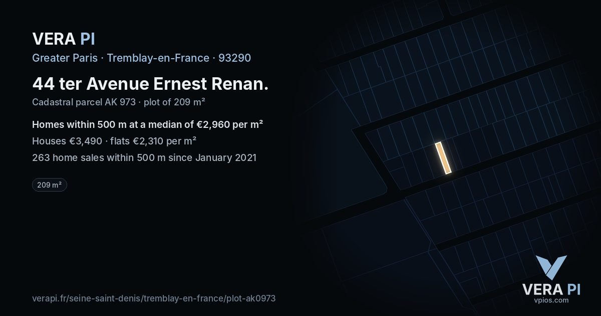 44 ter Avenue Ernest Renan, Tremblay-en-France at night – the plot lit, the parcels around coloured by the prices near them
